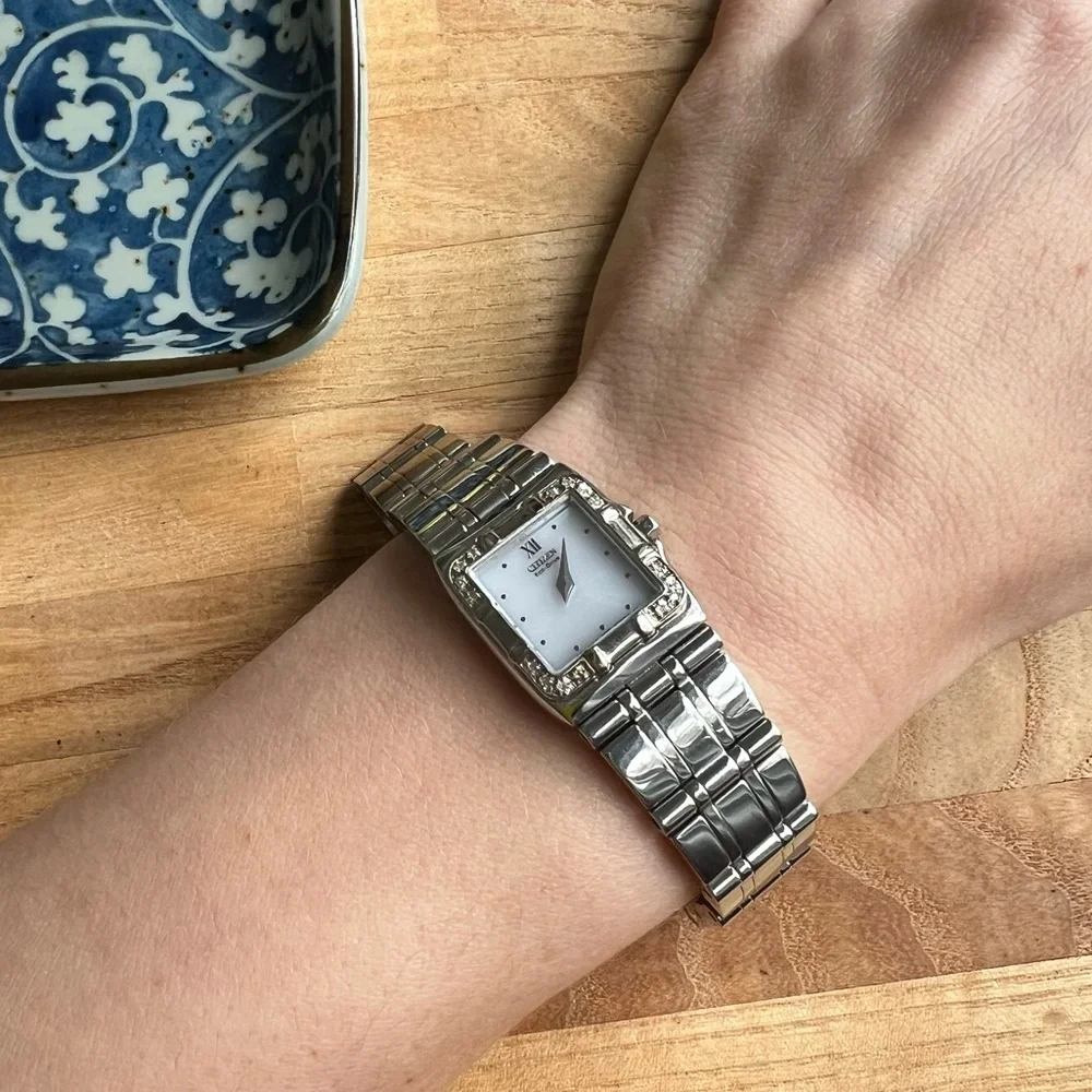 Citizen eco-drive ladies square dial silver tone diamond dress watch